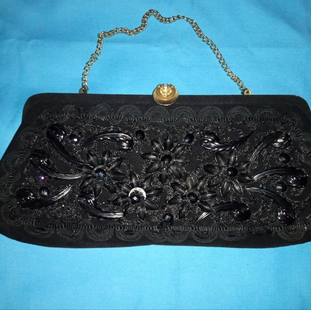 Vintage Black Chain Handle Gold Lining Sequin Flowers